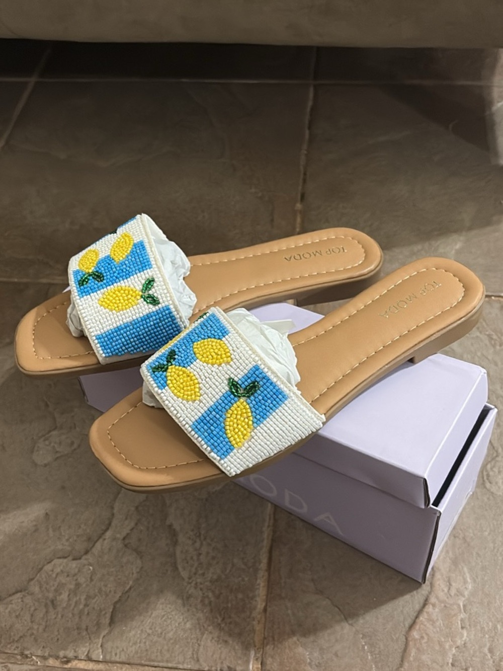 TOP Moda White Beaded Slide Sandals with Blue Panels and Yellow Lemon Design
